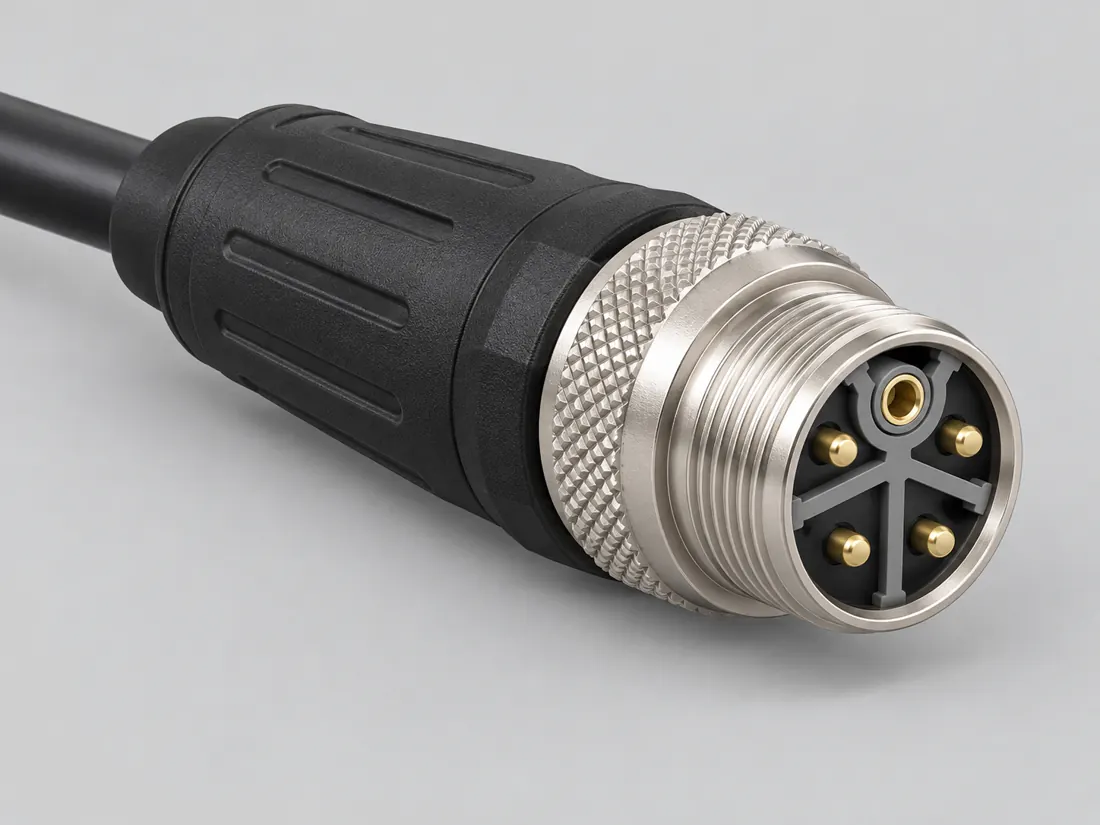 M12 K-coded 5-position power connector: three-quarter view. Computer-generated illustration, not a photograph.