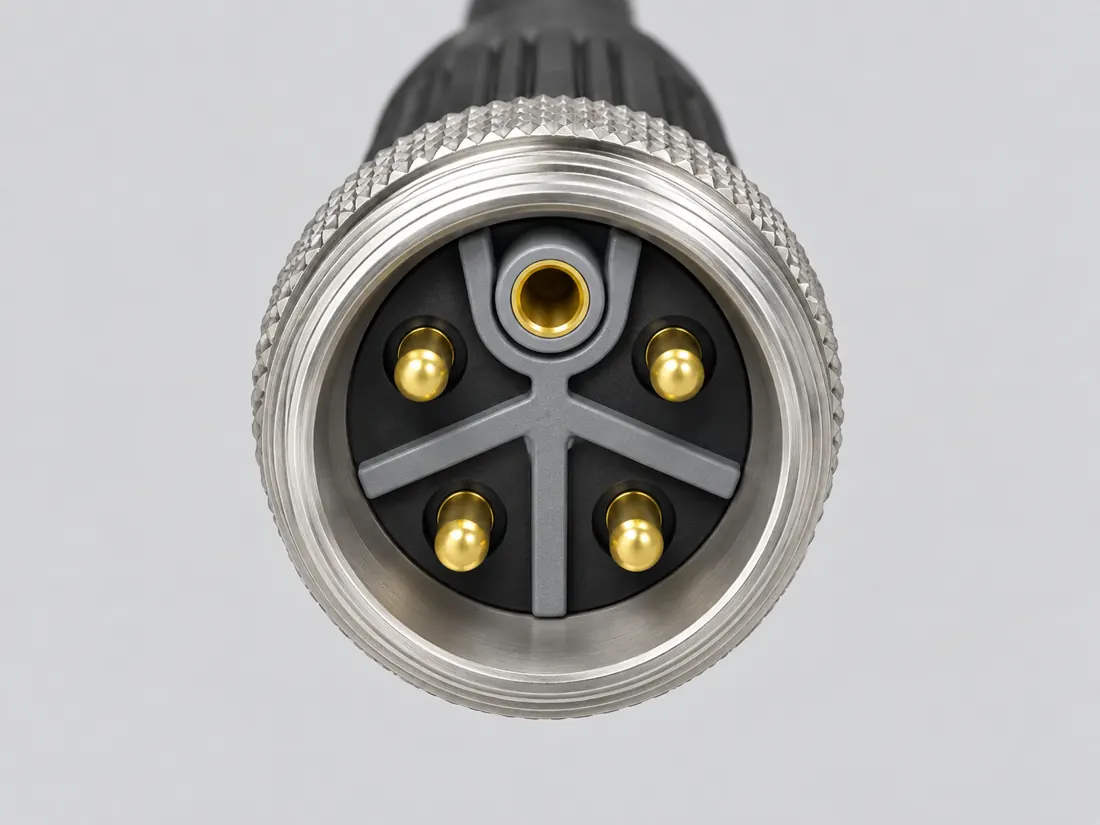 M12 K-coded 5-position power connector: mating face. Computer-generated illustration, not a photograph.