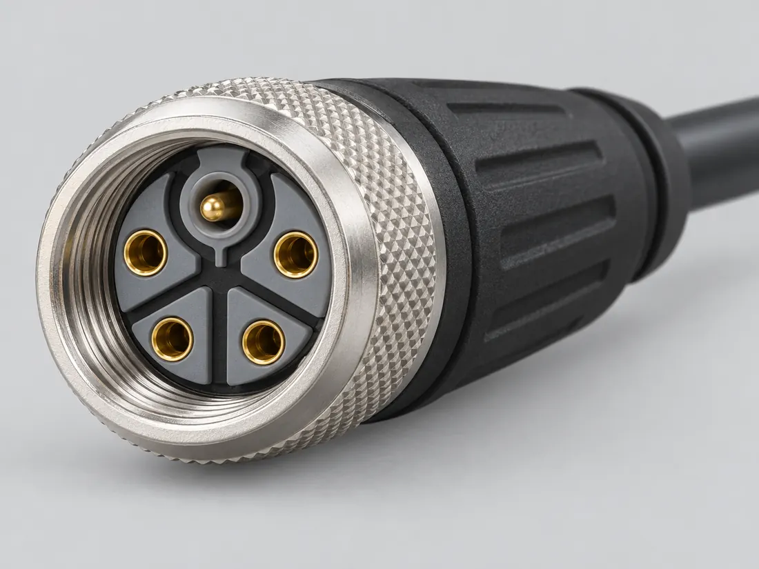 M12 K-coded 5-position power connector: fitted in place. Computer-generated illustration, not a photograph.