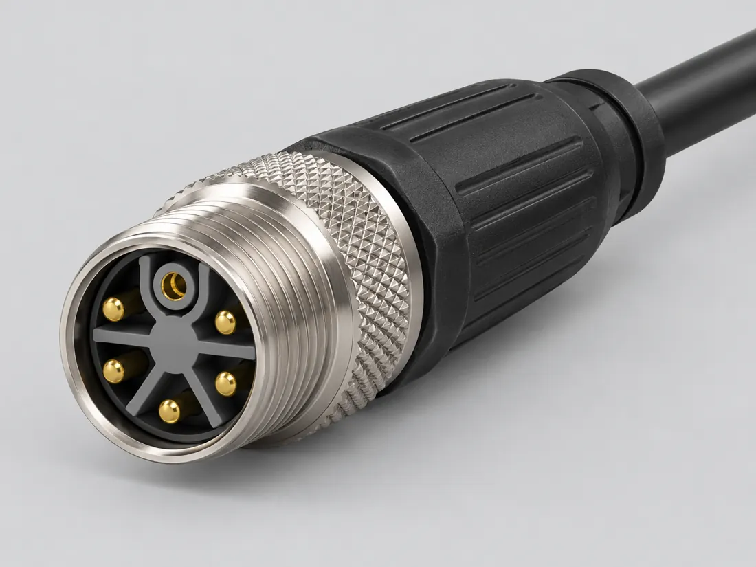 M12 M-coded 6-position power connector: three-quarter view. Computer-generated illustration, not a photograph.