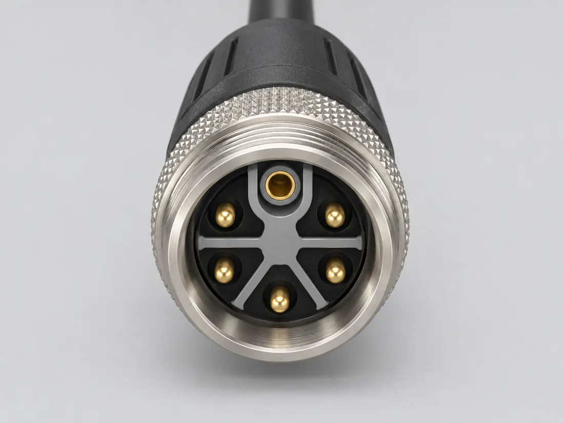 M12 M-coded 6-position power connector: mating face. Computer-generated illustration, not a photograph.