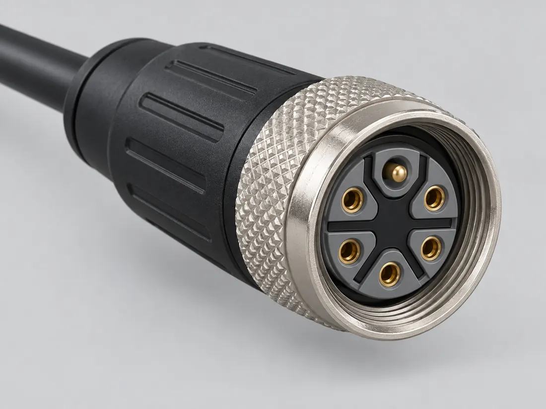M12 M-coded 6-position power connector: fitted in place. Computer-generated illustration, not a photograph.