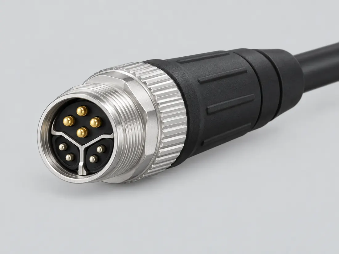M12 Y-coded 8-position hybrid connector: three-quarter view. Computer-generated illustration, not a photograph.