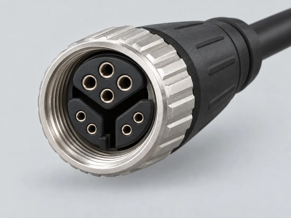 M12 Y-coded 8-position hybrid connector: fitted in place. Computer-generated illustration, not a photograph.