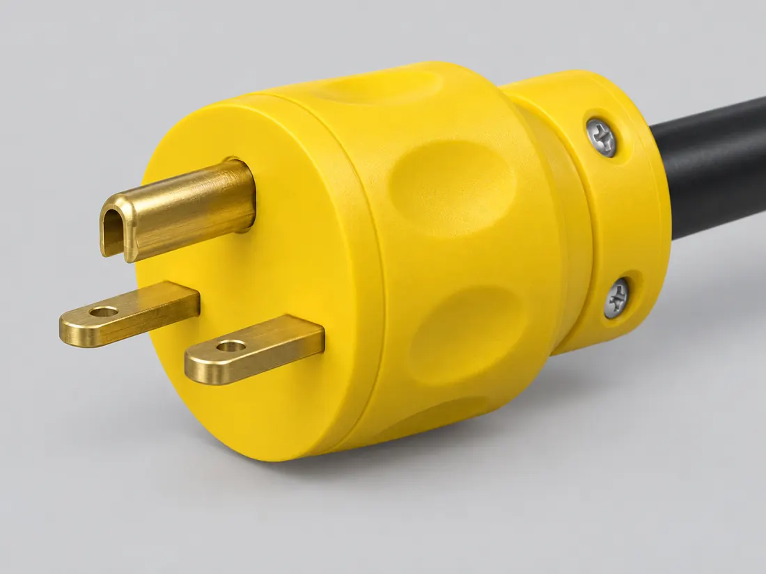 NEMA 6-15P plug: three-quarter view. Computer-generated illustration, not a photograph.