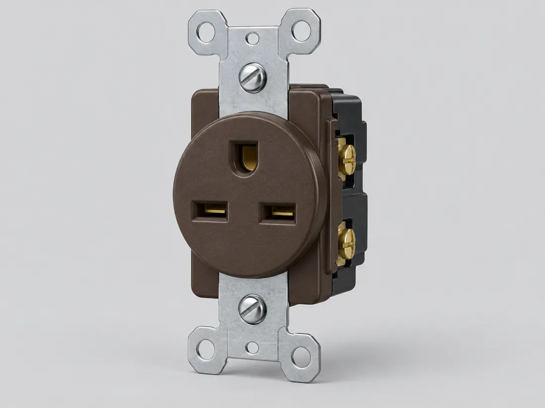 NEMA 6-15R receptacle: three-quarter view. Computer-generated illustration, not a photograph.