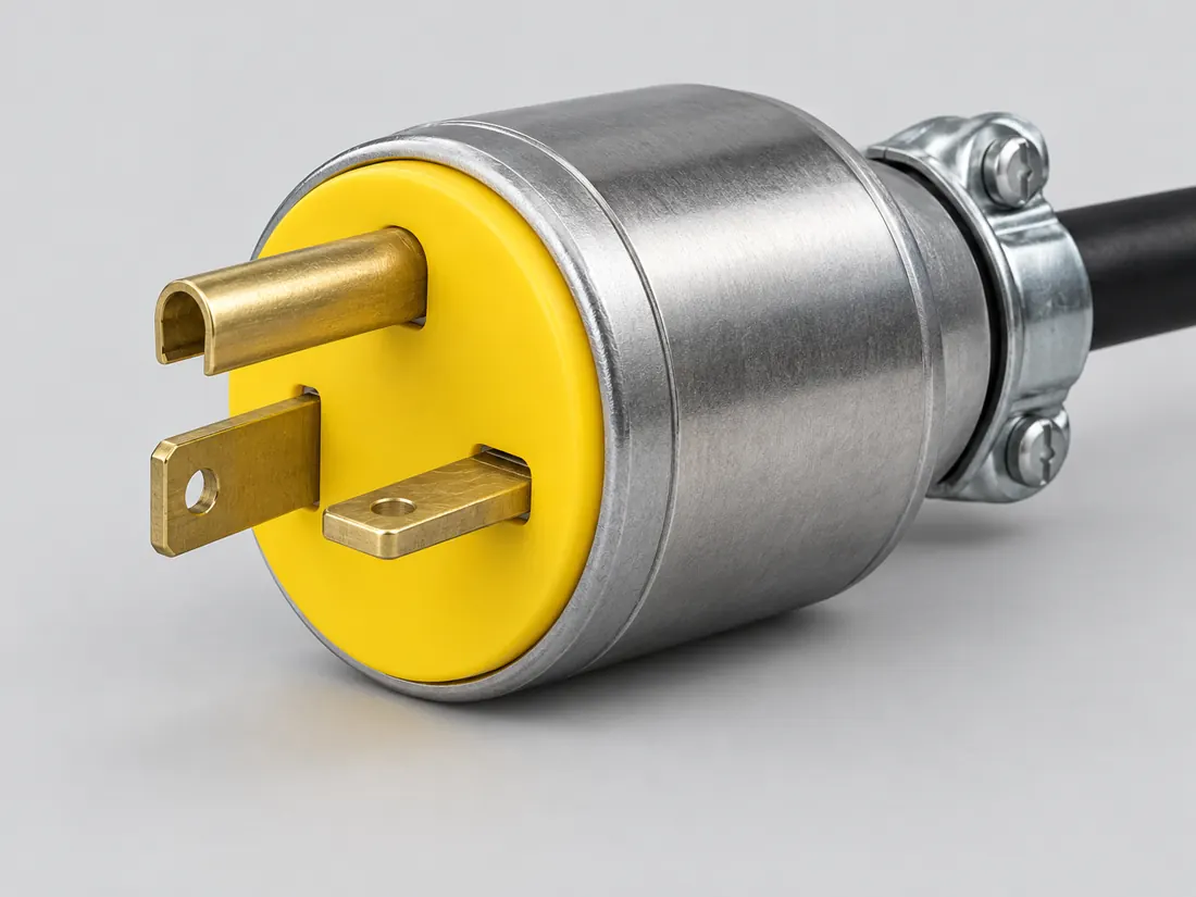 NEMA 6-20P plug: three-quarter view. Computer-generated illustration, not a photograph.