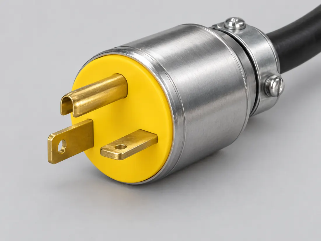 NEMA 6-20P plug: fitted in place. Computer-generated illustration, not a photograph.