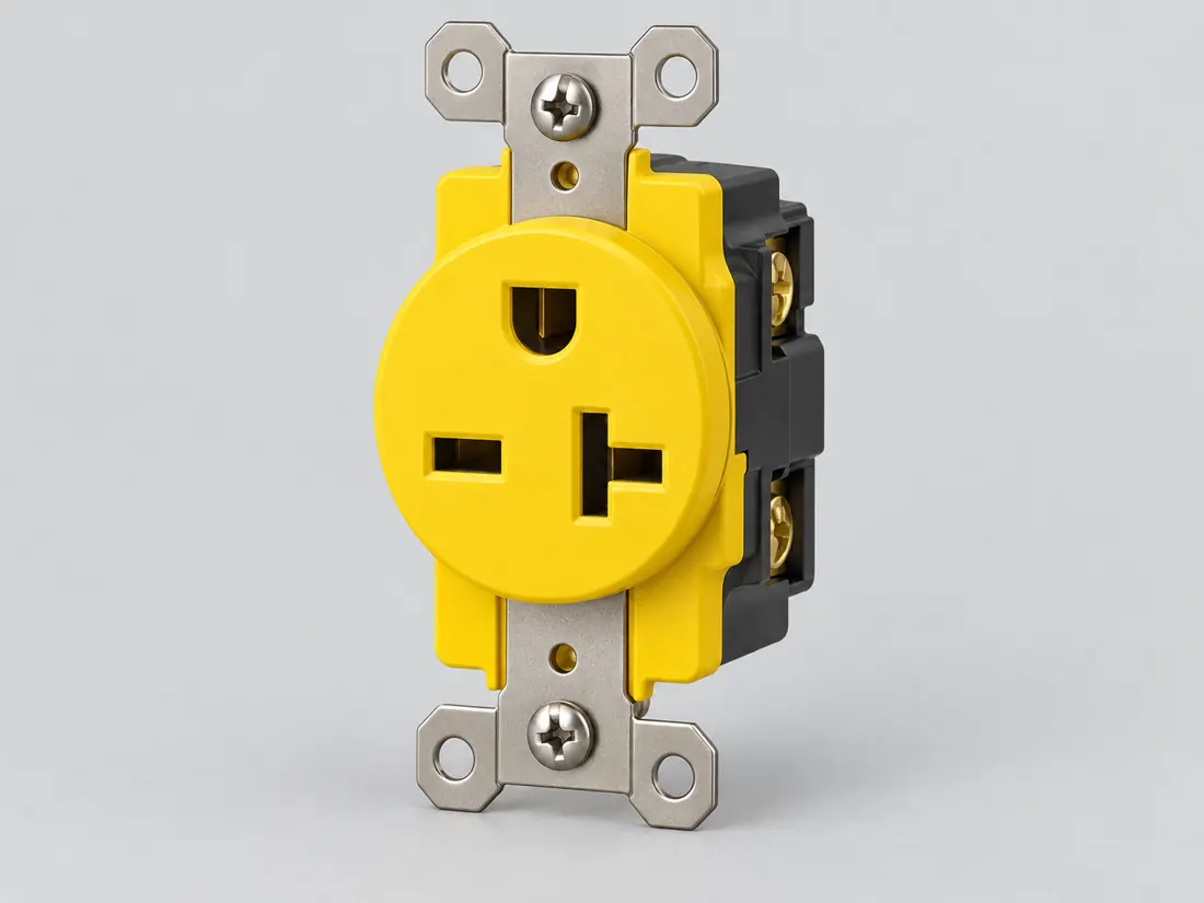 NEMA 6-20R receptacle: three-quarter view. Computer-generated illustration, not a photograph.