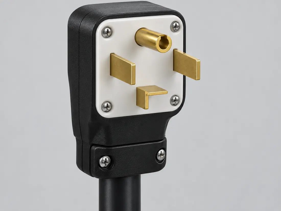 NEMA 14-30P plug: three-quarter view. Computer-generated illustration, not a photograph.