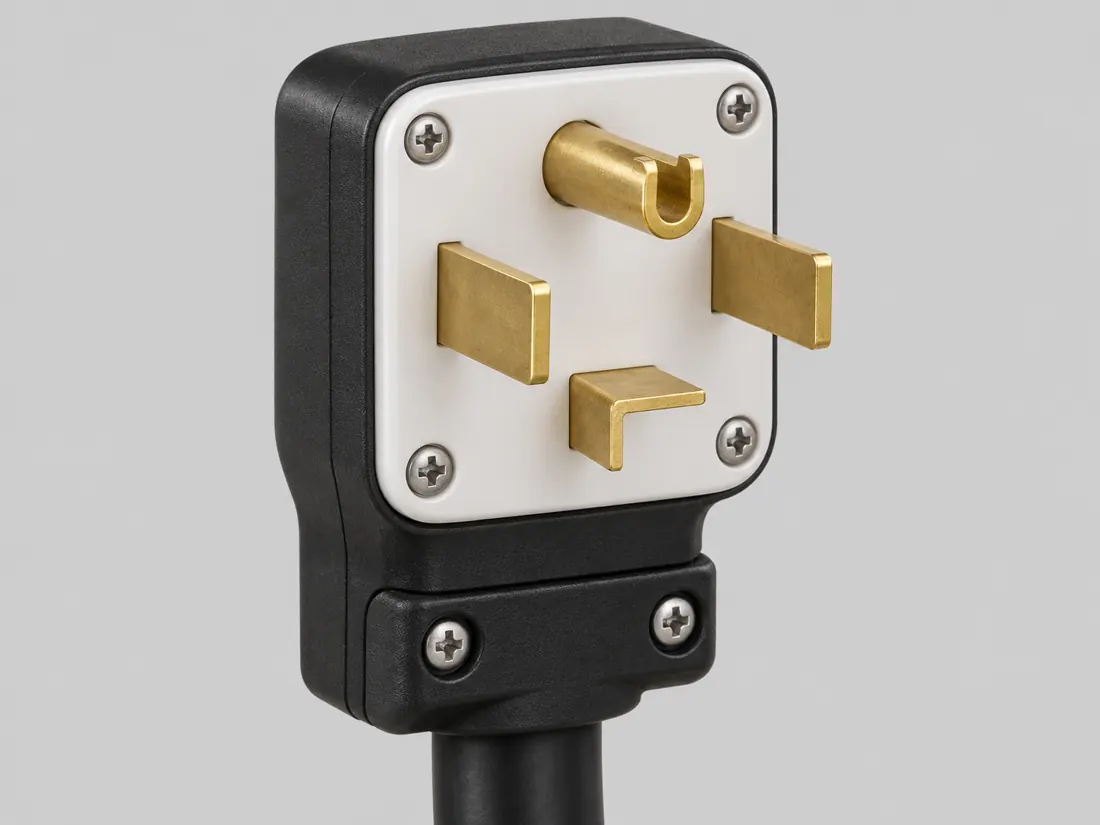NEMA 14-30P plug: fitted in place. Computer-generated illustration, not a photograph.