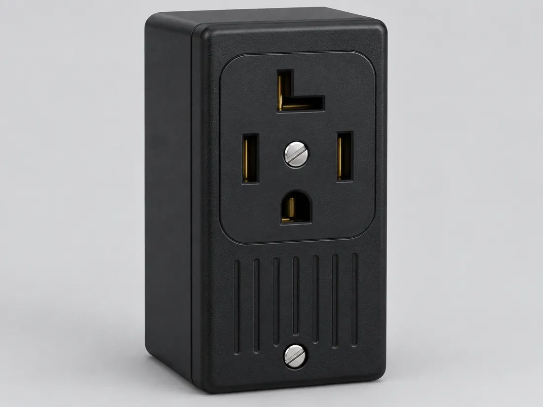 NEMA 14-30R receptacle: three-quarter view. Computer-generated illustration, not a photograph.