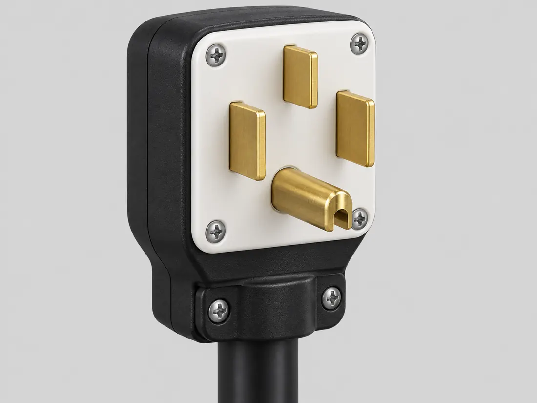 NEMA 14-50P plug: three-quarter view. Computer-generated illustration, not a photograph.