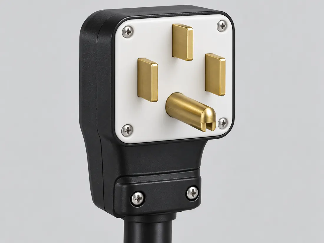 NEMA 14-50P plug: fitted in place. Computer-generated illustration, not a photograph.