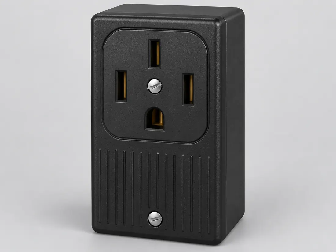NEMA 14-50R receptacle: three-quarter view. Computer-generated illustration, not a photograph.
