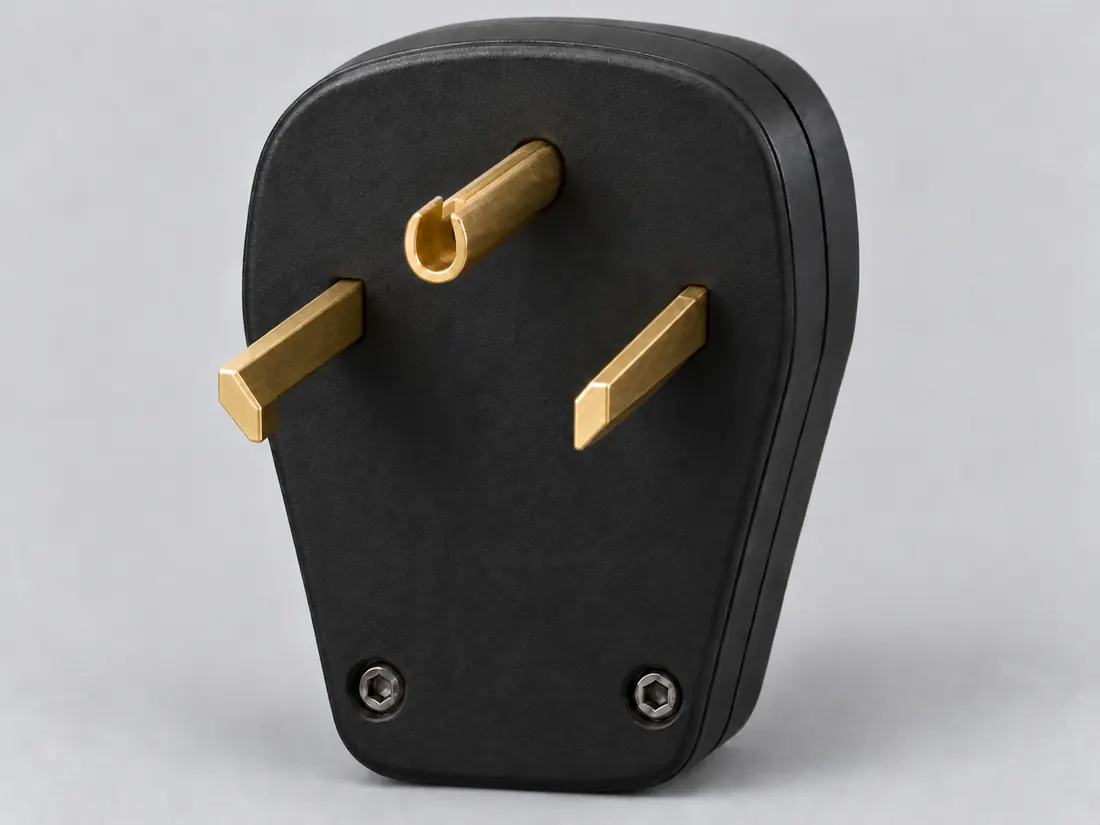 NEMA TT-30P RV plug: three-quarter view. Computer-generated illustration, not a photograph.