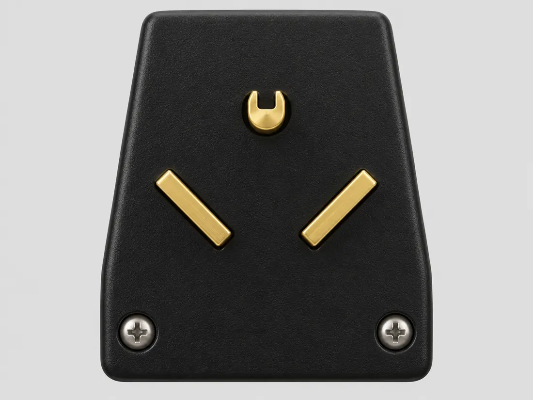 NEMA TT-30P RV plug: fitted in place. Computer-generated illustration, not a photograph.