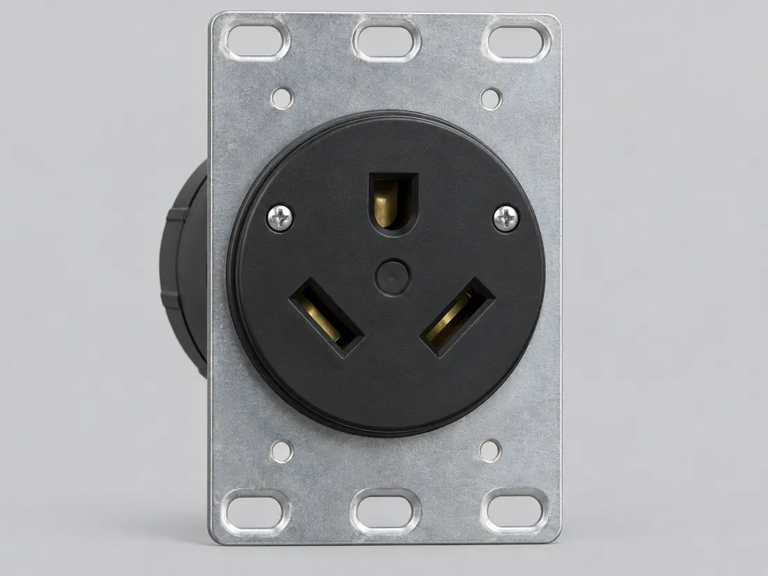 NEMA TT-30R RV receptacle: three-quarter view. Computer-generated illustration, not a photograph.