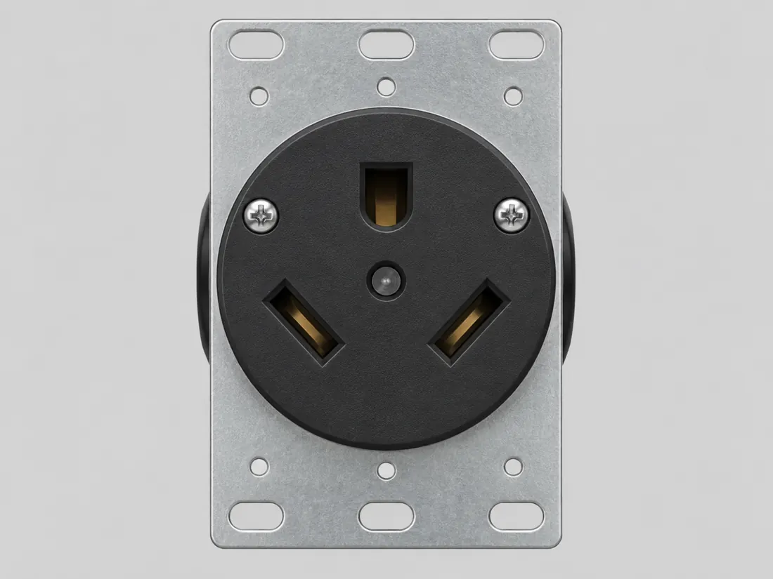 NEMA TT-30R RV receptacle: mating face. Computer-generated illustration, not a photograph.