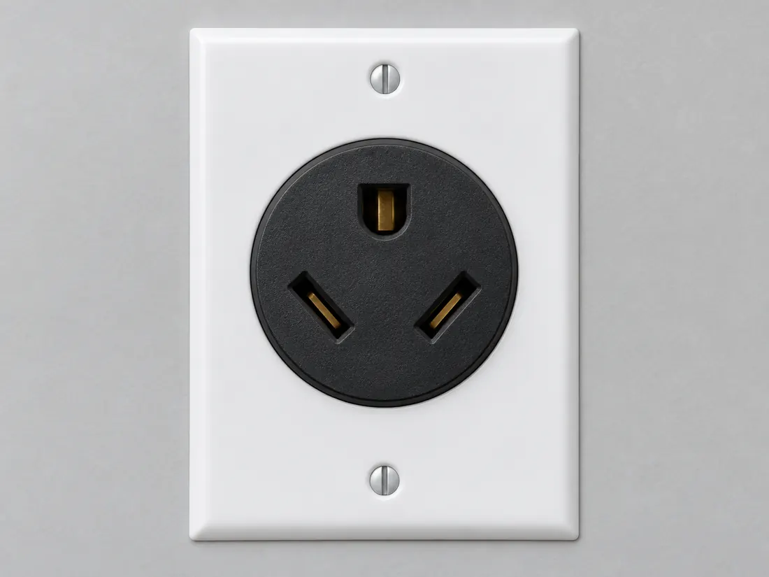NEMA TT-30R RV receptacle: fitted in place. Computer-generated illustration, not a photograph.