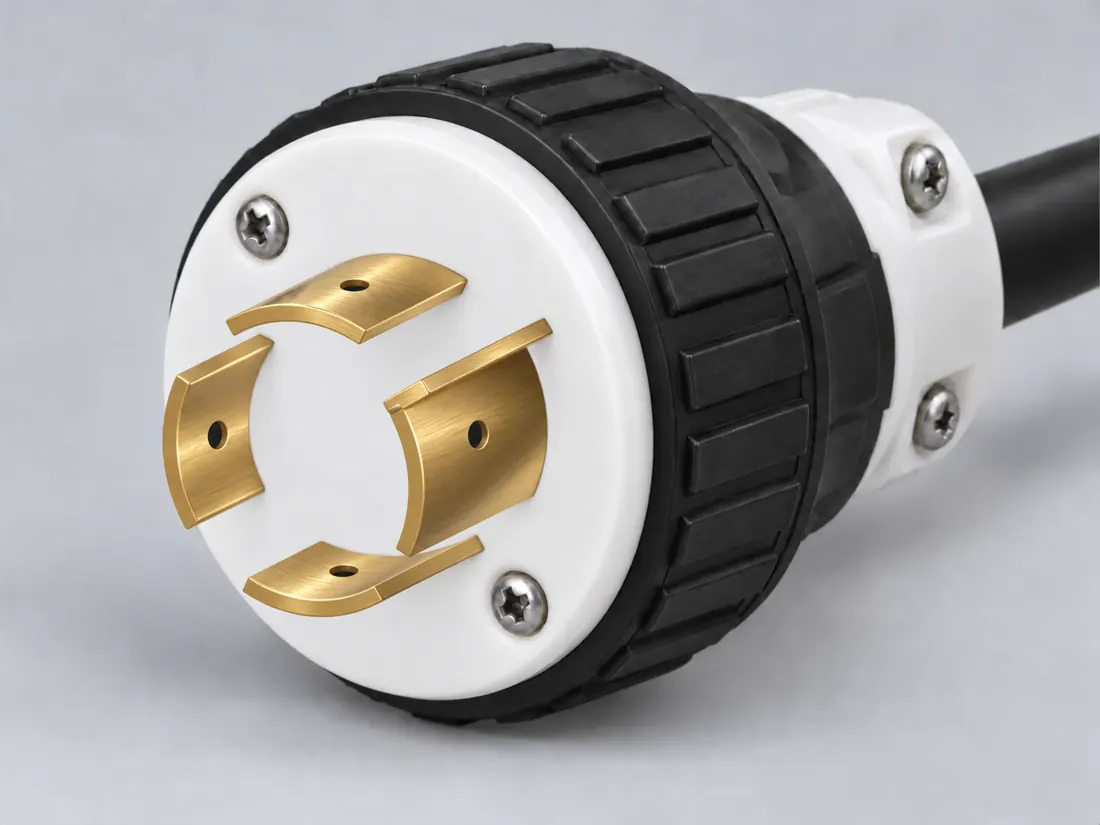 NEMA L14-20P locking plug: three-quarter view. Computer-generated illustration, not a photograph.