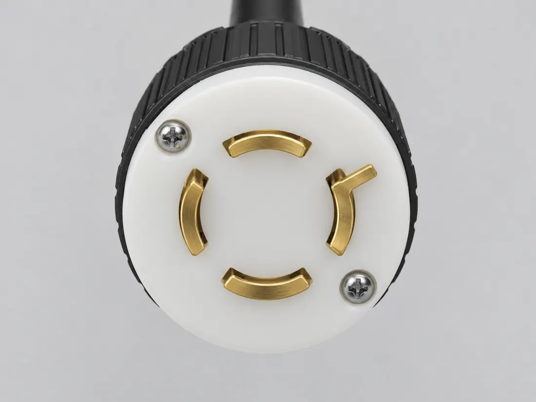 NEMA L14-20P locking plug: fitted in place. Computer-generated illustration, not a photograph.