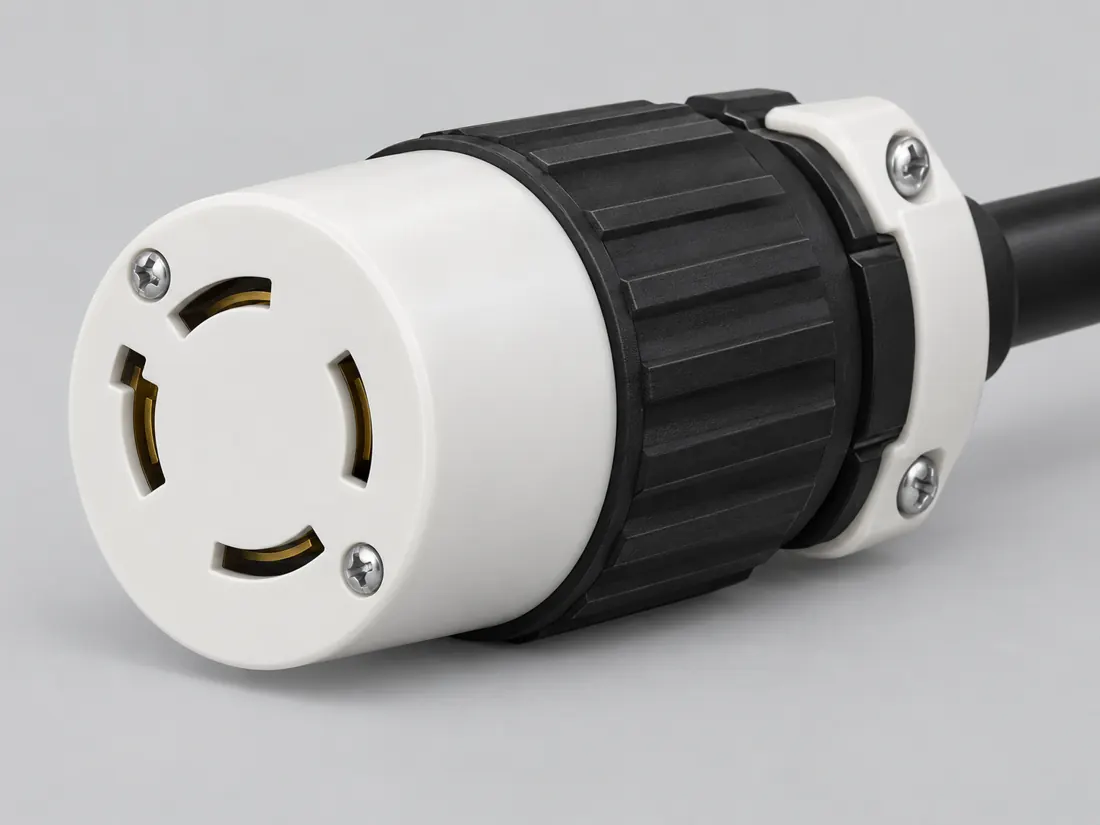 NEMA L14-20R locking connector: three-quarter view. Computer-generated illustration, not a photograph.