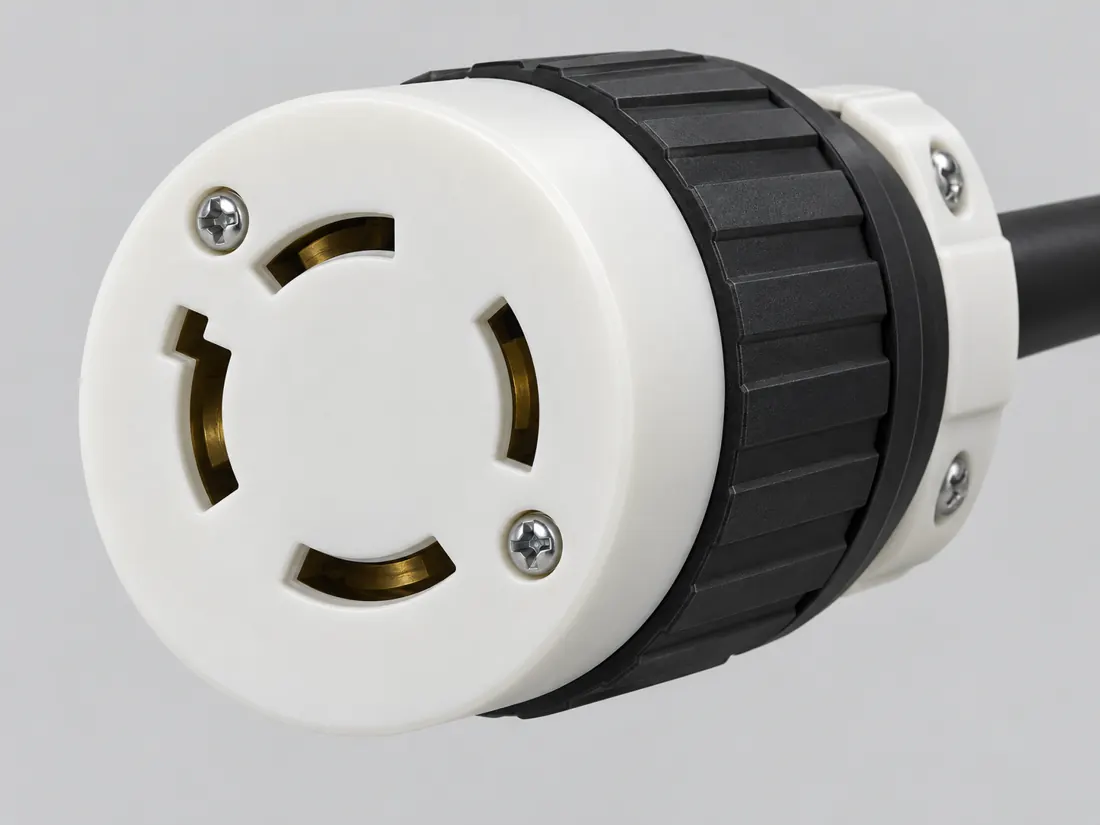 NEMA L14-20R locking connector: fitted in place. Computer-generated illustration, not a photograph.