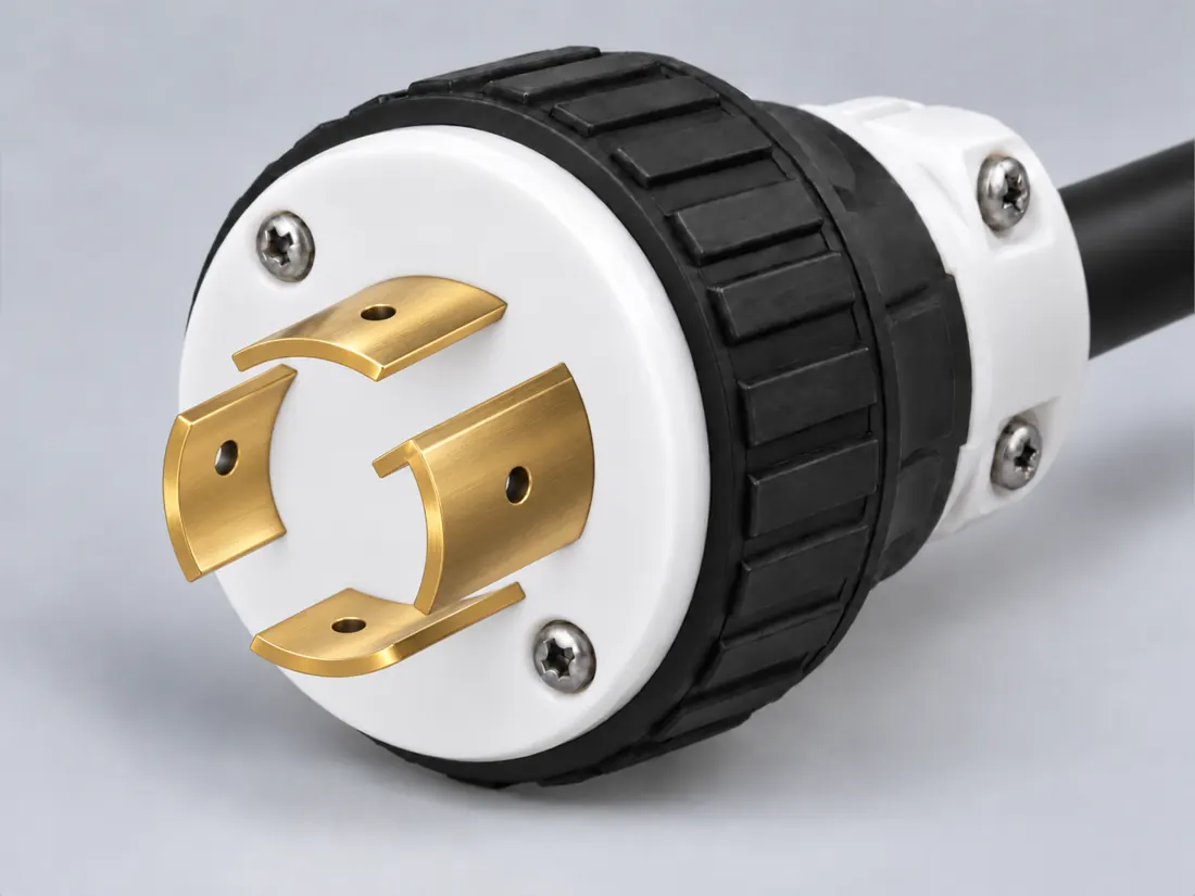 NEMA L14-30P locking plug: three-quarter view. Computer-generated illustration, not a photograph.