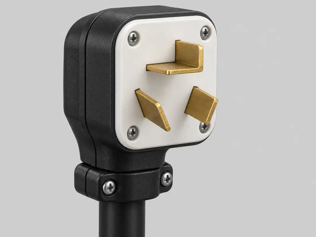 NEMA 10-30P plug: three-quarter view. Computer-generated illustration, not a photograph.