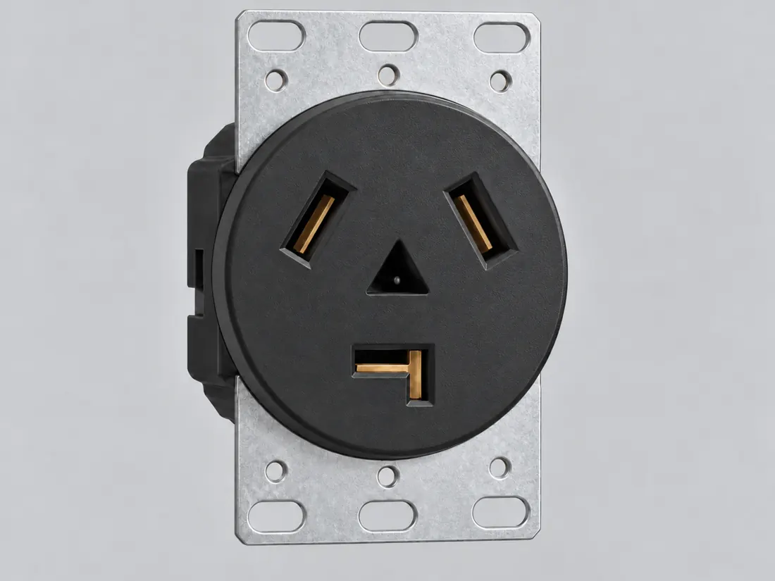 NEMA 10-30R receptacle: three-quarter view. Computer-generated illustration, not a photograph.