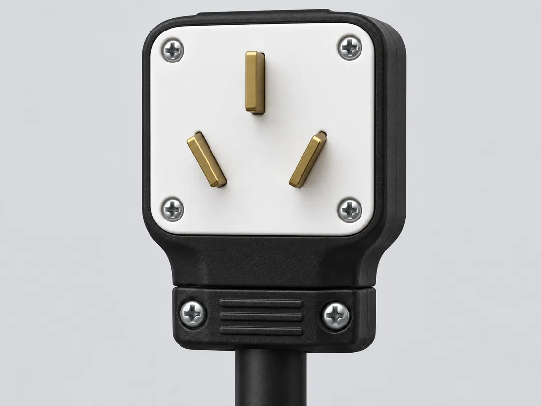NEMA 10-50P plug: three-quarter view. Computer-generated illustration, not a photograph.