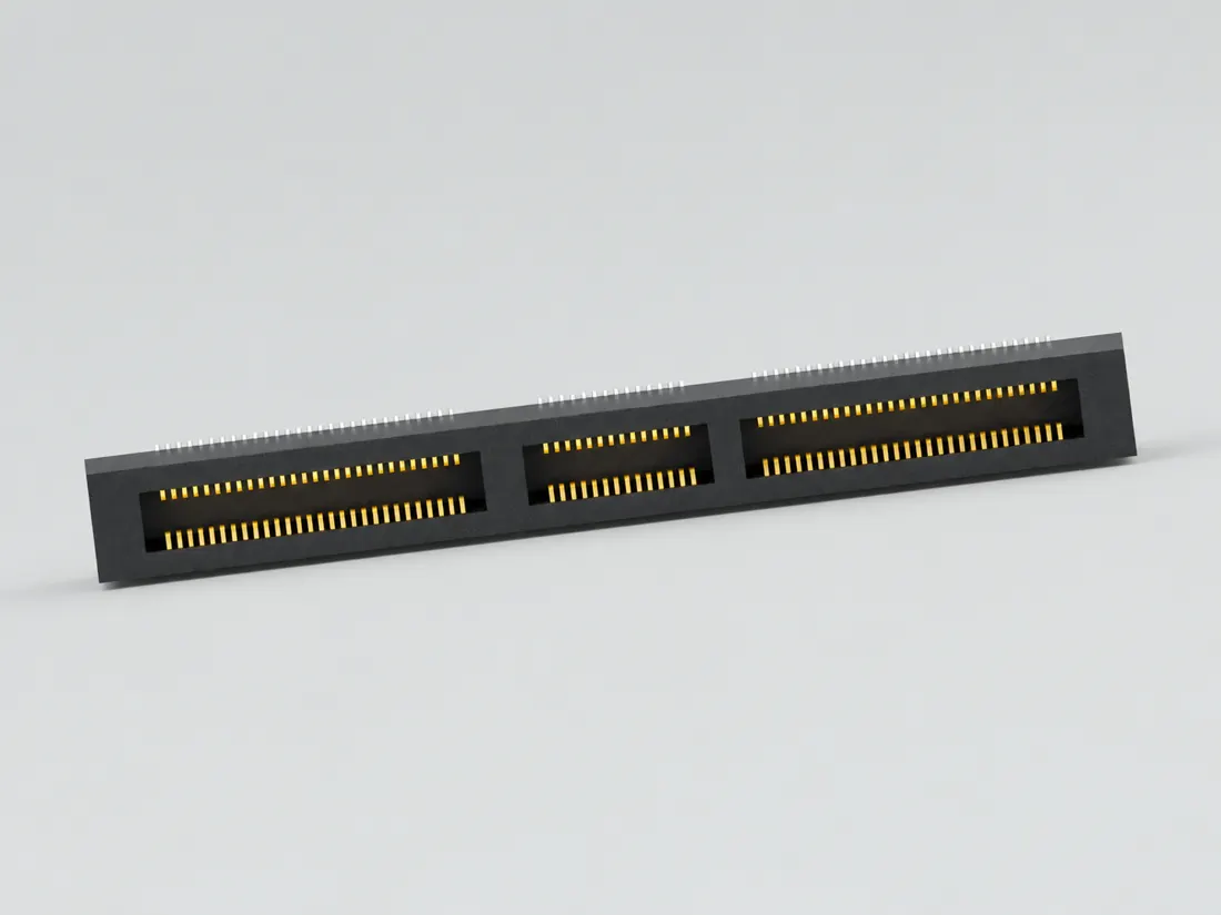 SFF-TA-1002 4C 140-contact connector: three-quarter view. Computer-generated illustration, not a photograph.