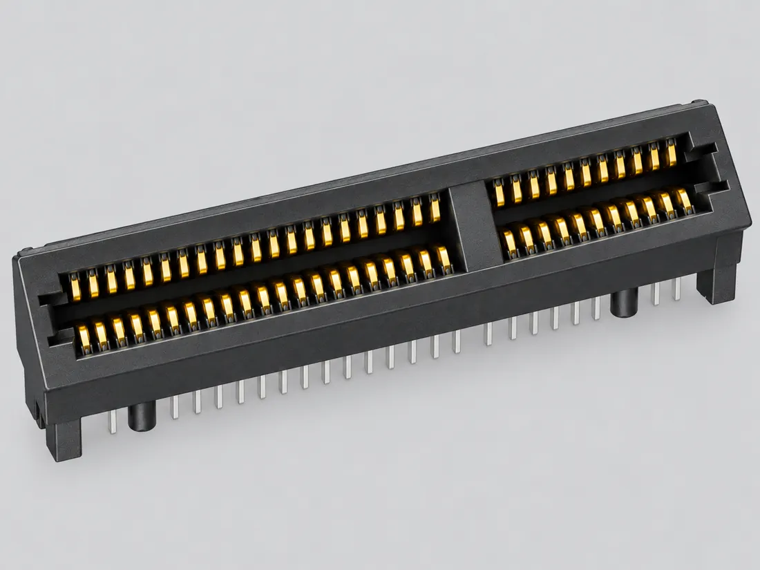 PCI Express x4 64-position card-edge connector: three-quarter view. Computer-generated illustration, not a photograph.