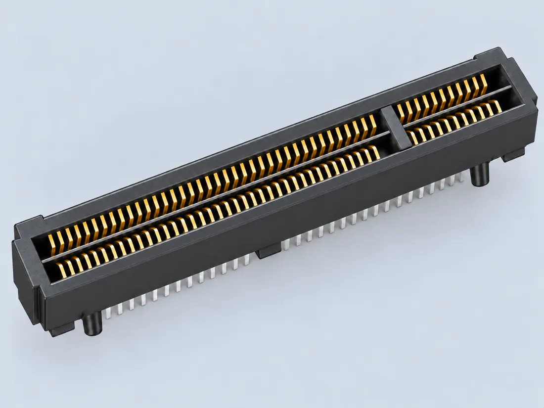 PCI Express x8 98-position card-edge connector: three-quarter view. Computer-generated illustration, not a photograph.