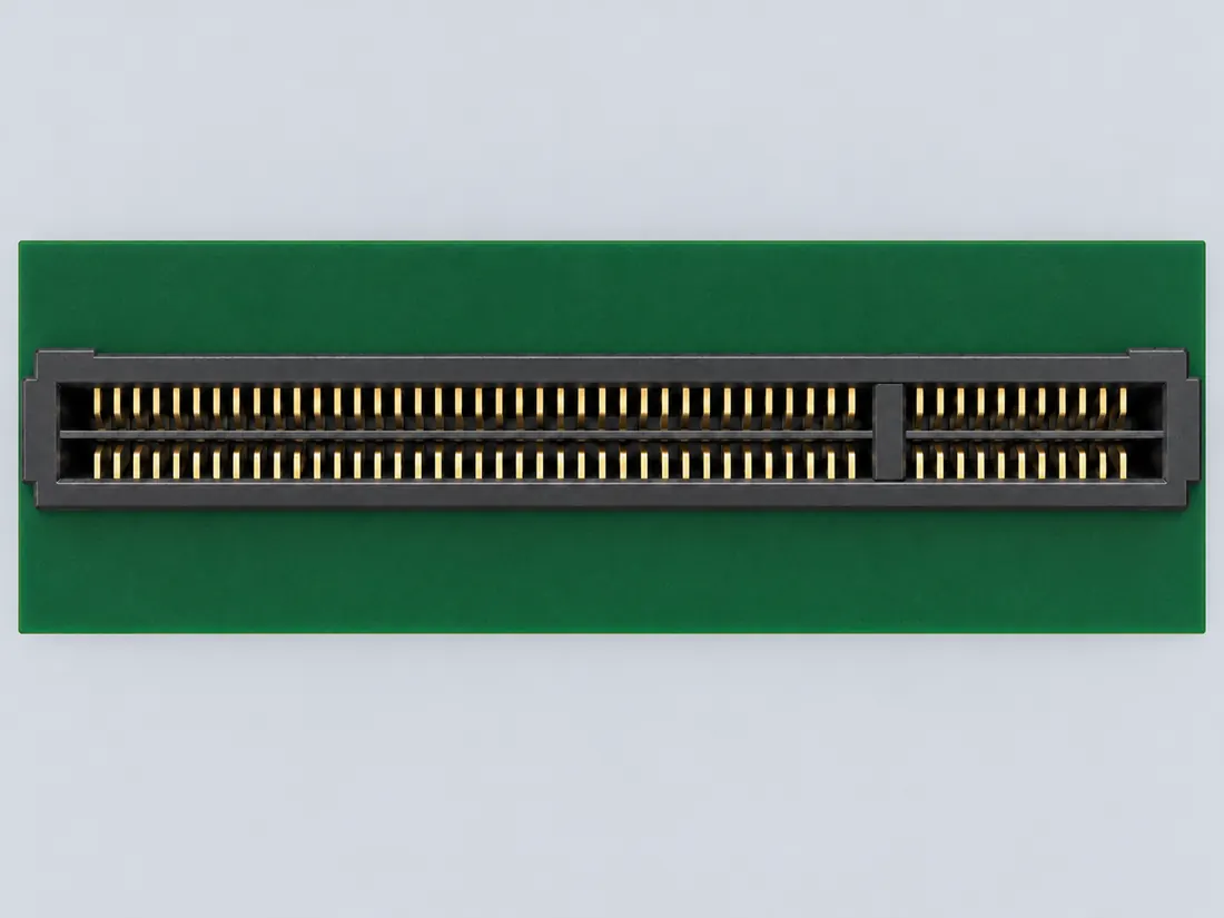 PCI Express x8 98-position card-edge connector: fitted in place. Computer-generated illustration, not a photograph.