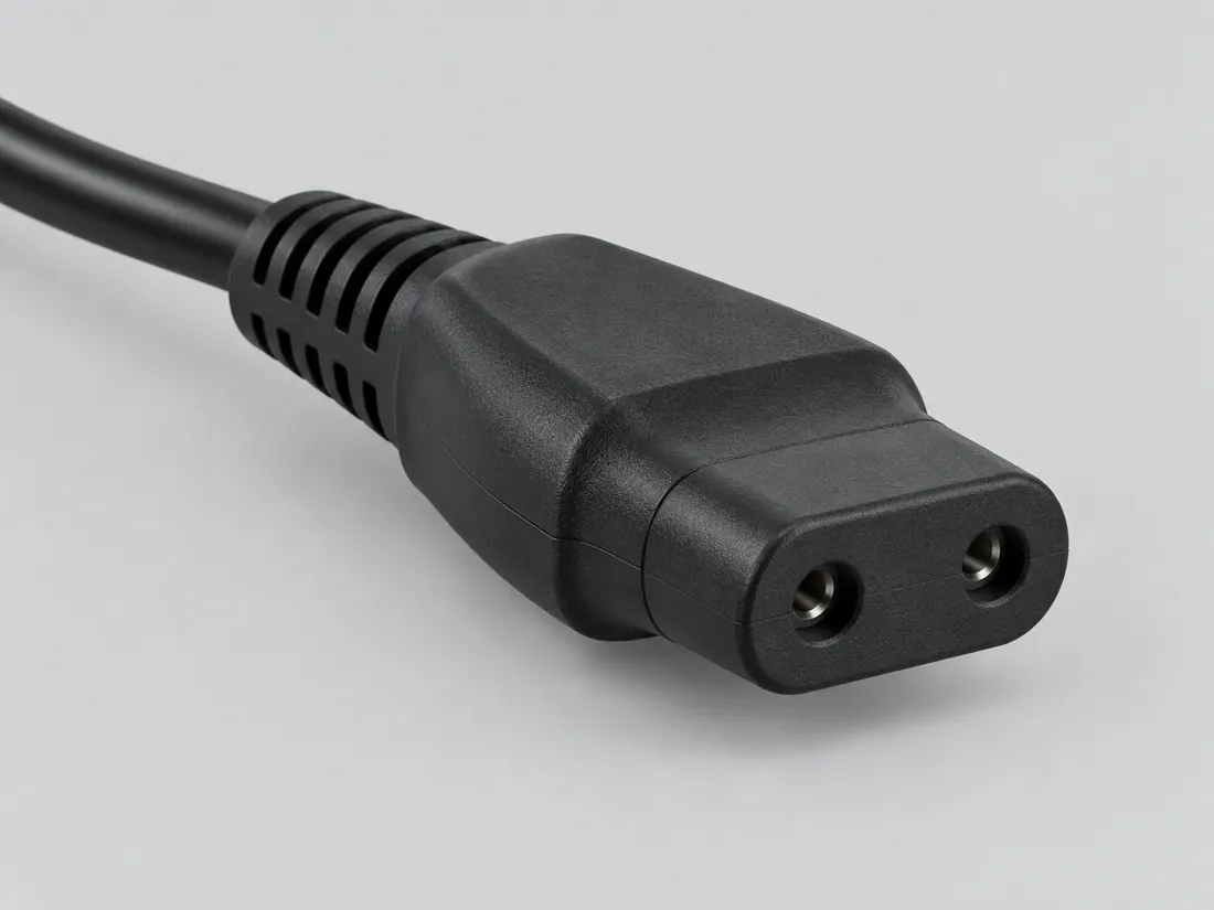 IEC 60320 C1 cord connector: three-quarter view. Computer-generated illustration, not a photograph.
