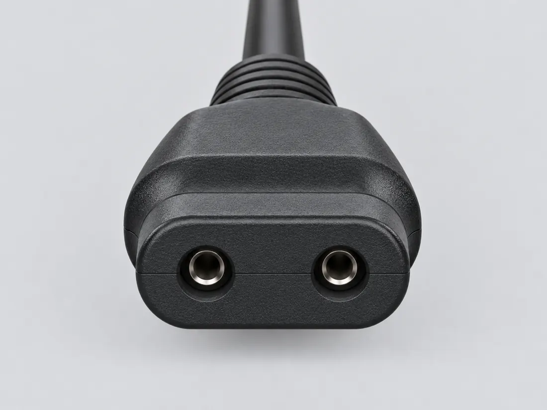 IEC 60320 C1 cord connector: fitted in place. Computer-generated illustration, not a photograph.