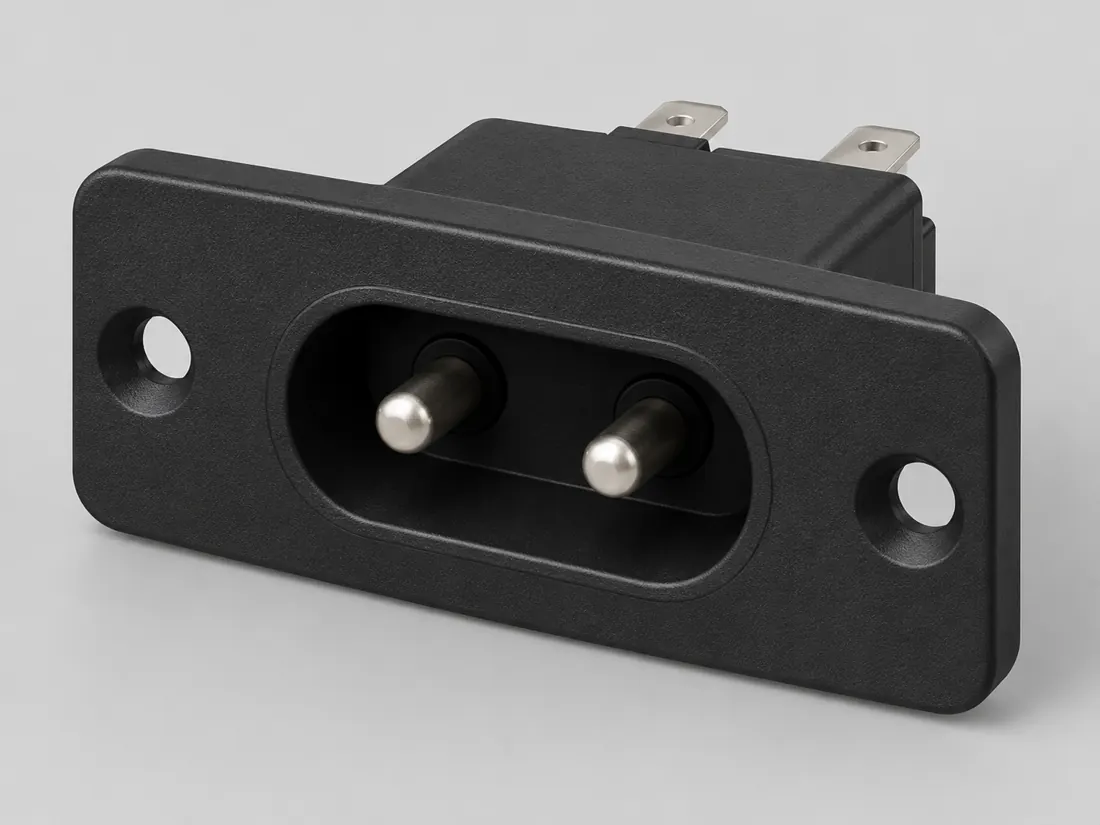 IEC 60320 C2 appliance inlet: three-quarter view. Computer-generated illustration, not a photograph.