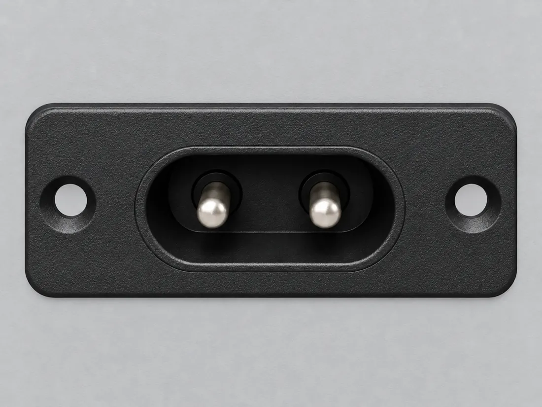 IEC 60320 C2 appliance inlet: fitted in place. Computer-generated illustration, not a photograph.