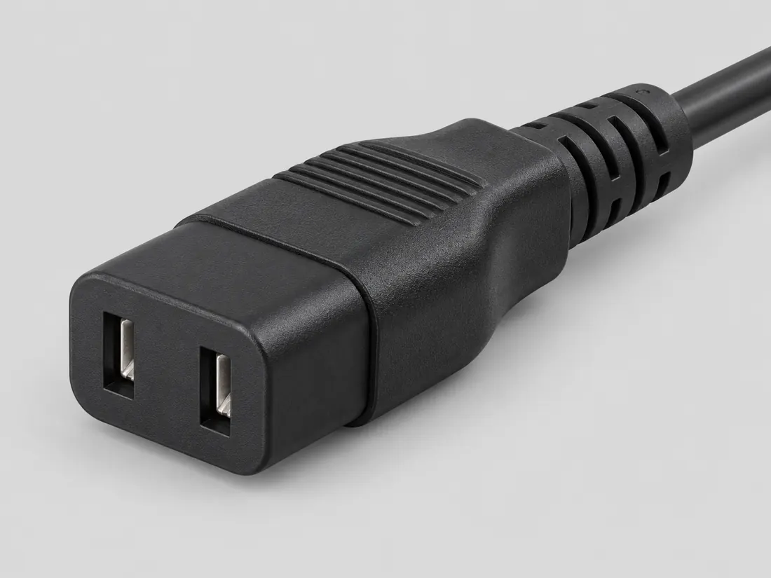 IEC 60320 C9 cord connector: three-quarter view. Computer-generated illustration, not a photograph.