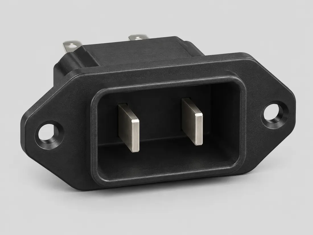 IEC 60320 C10 appliance inlet: three-quarter view. Computer-generated illustration, not a photograph.