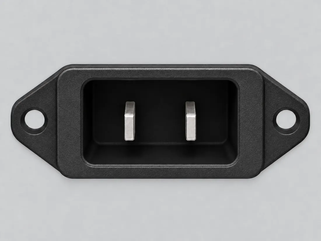 IEC 60320 C10 appliance inlet: fitted in place. Computer-generated illustration, not a photograph.