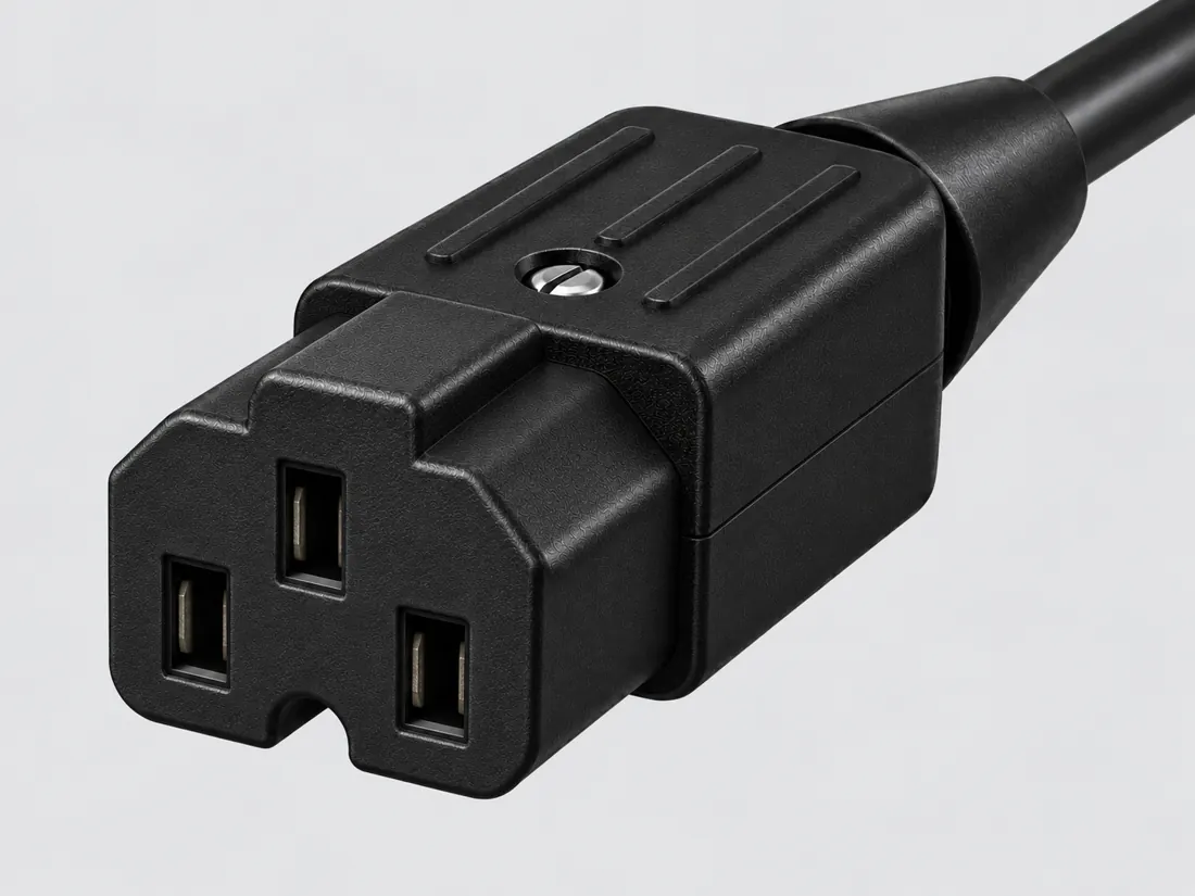 IEC 60320 C15A very-hot-condition cord connector: three-quarter view. Computer-generated illustration, not a photograph.