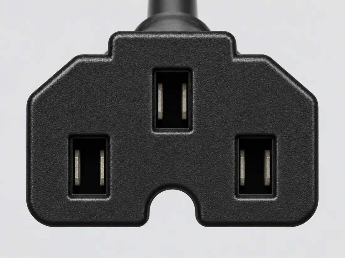 IEC 60320 C15A very-hot-condition cord connector: fitted in place. Computer-generated illustration, not a photograph.