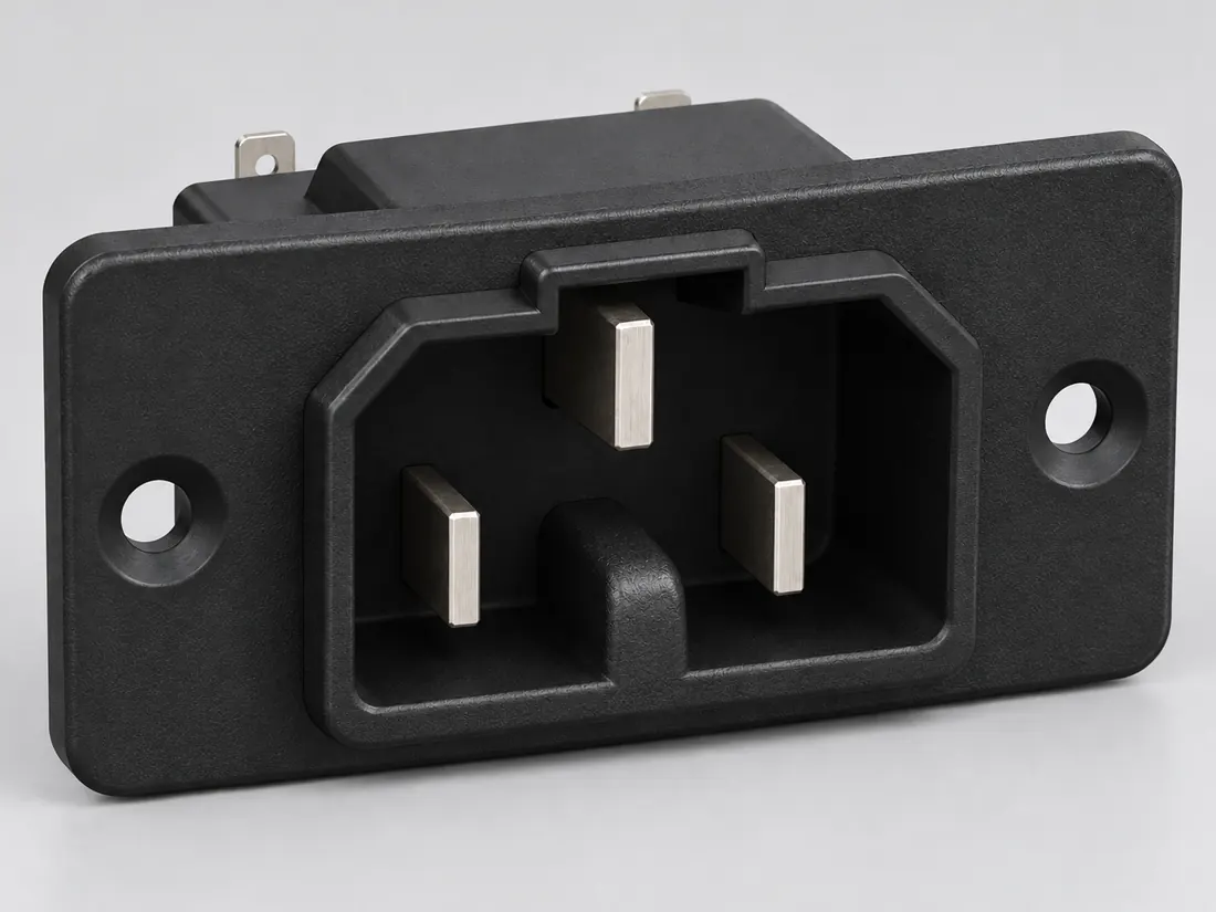 IEC 60320 C16A very-hot-condition appliance inlet: three-quarter view. Computer-generated illustration, not a photograph.