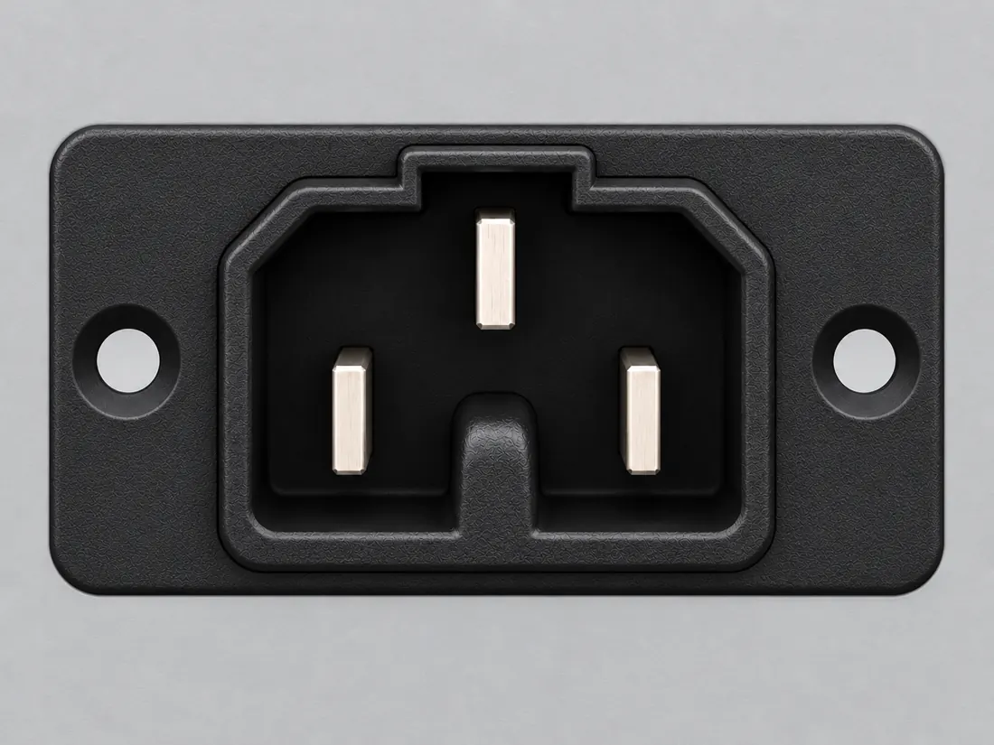 IEC 60320 C16A very-hot-condition appliance inlet: fitted in place. Computer-generated illustration, not a photograph.