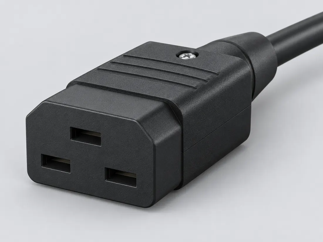 IEC 60320 C21 very-hot-condition cord connector: three-quarter view. Computer-generated illustration, not a photograph.
