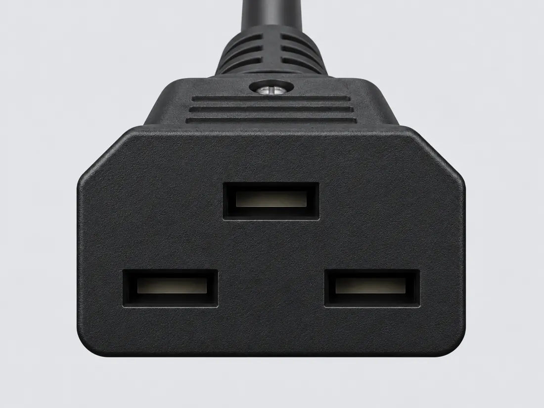 IEC 60320 C21 very-hot-condition cord connector: fitted in place. Computer-generated illustration, not a photograph.