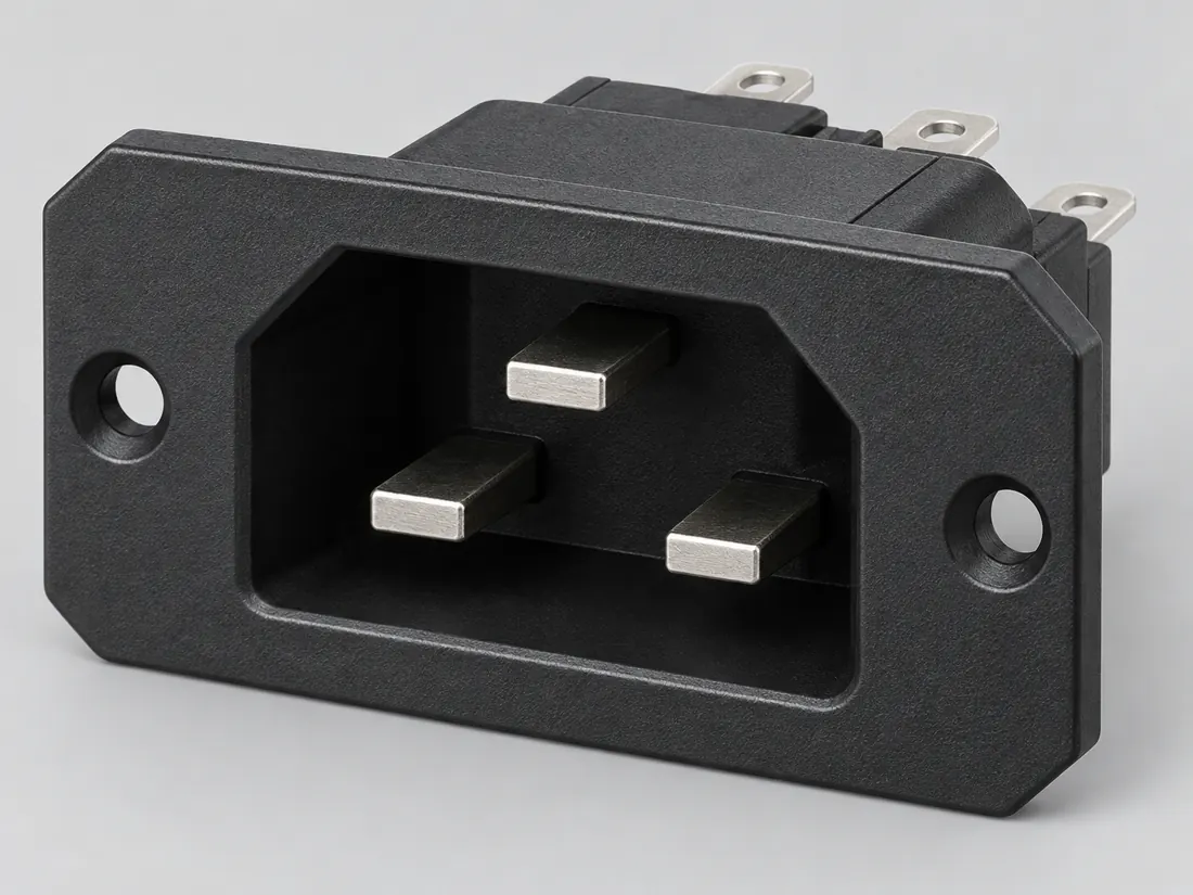 IEC 60320 C22 very-hot-condition appliance inlet: three-quarter view. Computer-generated illustration, not a photograph.